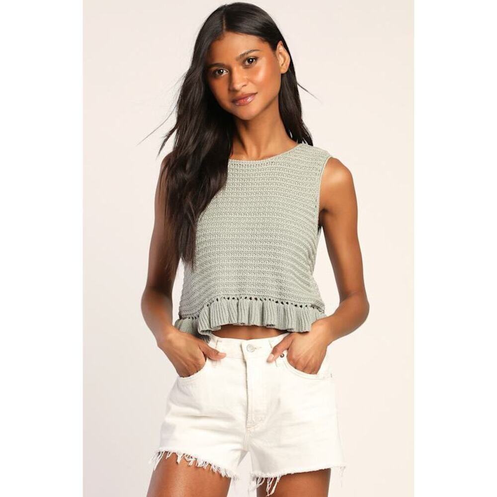 Lulus Flouncin' Around Dusty Sage Cropped Ruffled Sweater Tank Green - Size XL